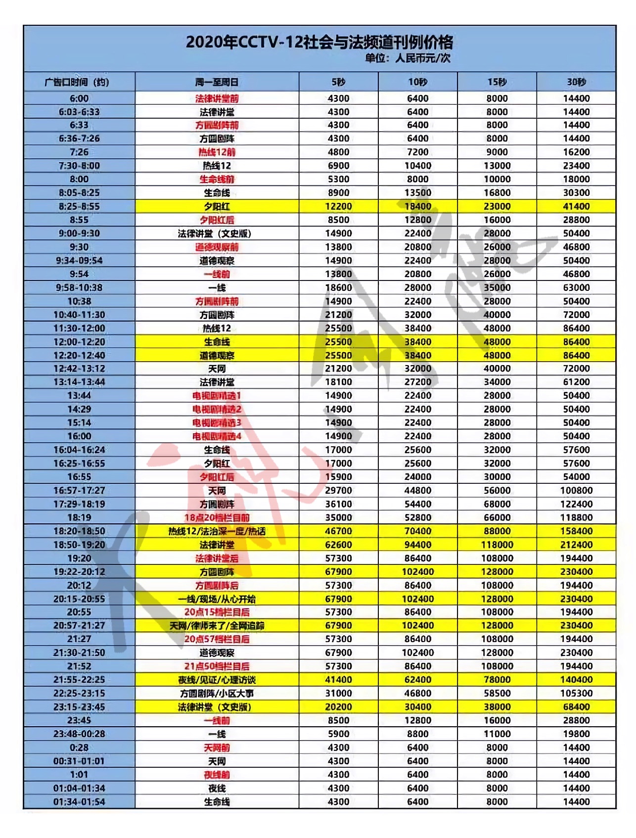 2020年CCTV-12社會與法頻(pín)道刊例價格